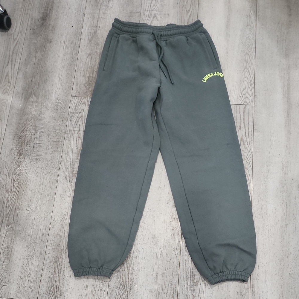 Lorna Jane Charcoal Sweatpants with Neon Yellow Logo